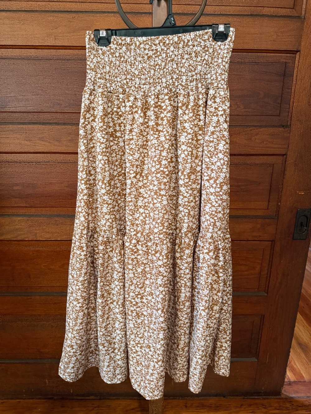 Brown Floral Maxi Skirt with Smocked Waist